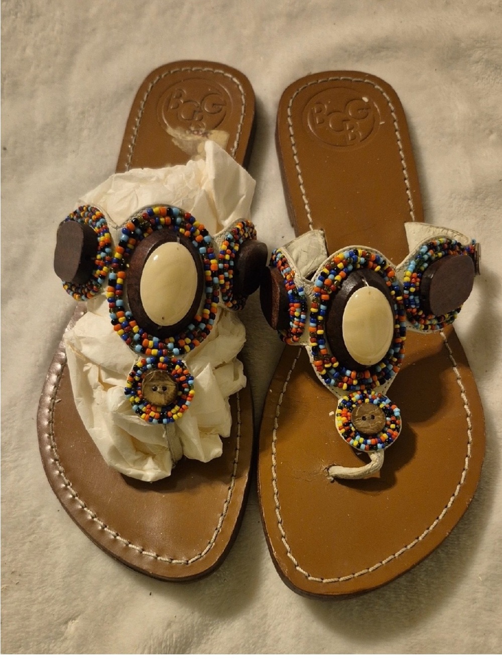 BCBG Multicolor Beaded Tan Leather Thong Sandals
